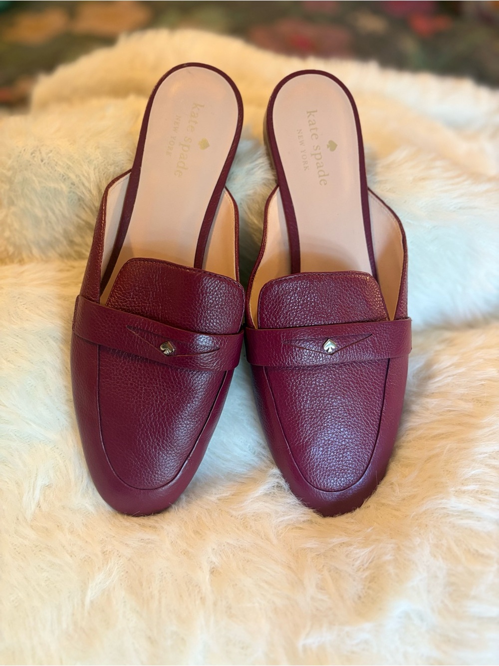 kate spade Burgundy Leather Backless Loafers with Gold Accent